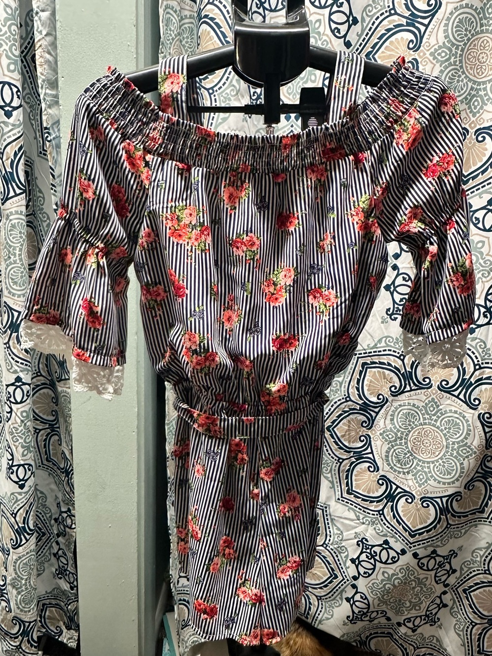 My Michelle Black & White Striped Off-Shoulder Dress with Red Floral Print